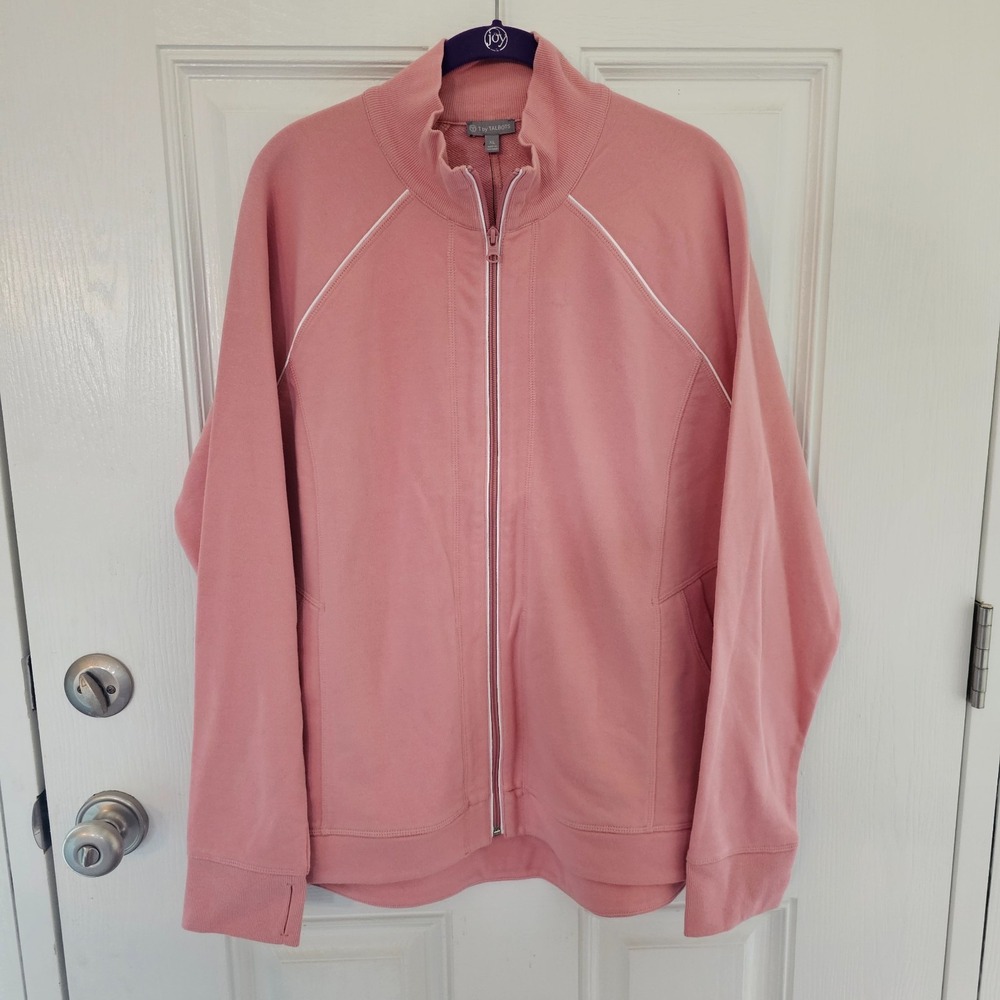 T by Talbots Full Zip Jacket Womens XL Pink Raglan Sleeve Thumbhole Sweatshirt